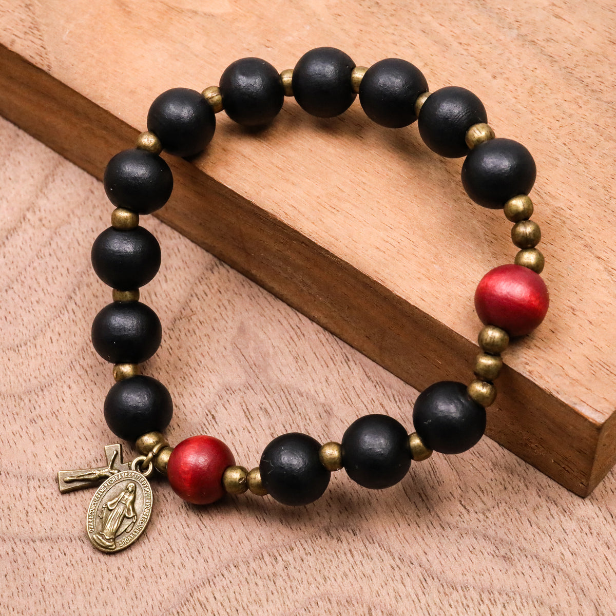 Handmade Catholic Stretchable Bracelet Wood Beads Antique Bronze Religious Gift for Men and Women