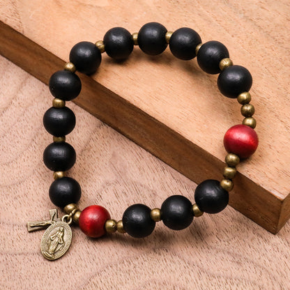 Handmade Catholic Stretchable Bracelet Wood Beads Antique Bronze Religious Gift for Men and Women
