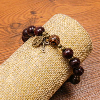 Dark Brown Wooden Bead Rosary Bracelet with Antique Bronze Miraculous Medal & Cross