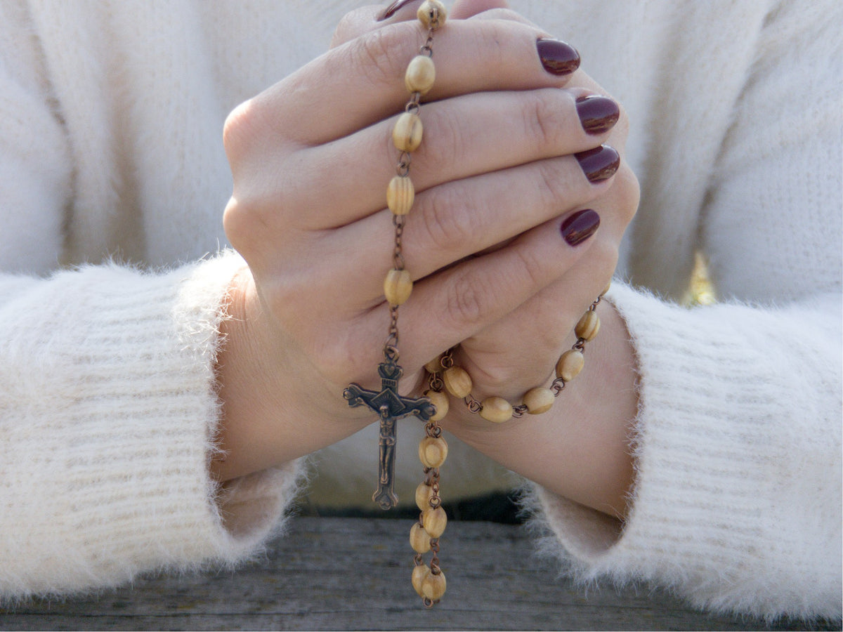 Olive Wood Beads Catholic Rosary Necklace with Holy Mary Medal & Bronze Cross - Nazareth Store