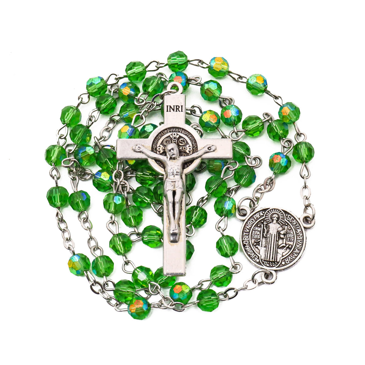 Green Crystallized Glass Beads Rosary Necklace with St Benedict Medal & Crucifix Handmade Christian Prayer Beads for Men & Women Catholic Religious Gift
