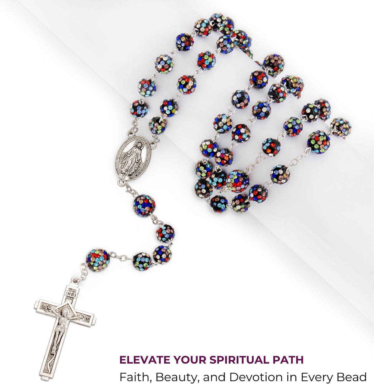 Colorful Black with Colorful White Beads Rhinestones Crystal Beads Rosary - Nazareth Store