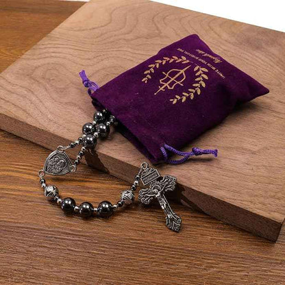 Black Stone Hematite Rosary Necklace Metal Beaded with Saint Joseph Medal & Cross-Nazareth Store 