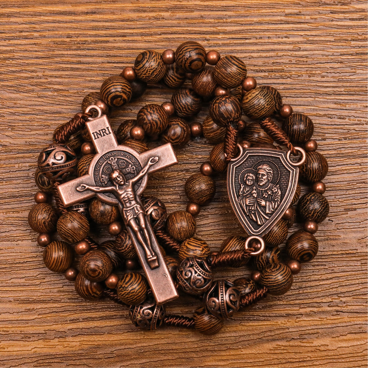 Olive Wood Rosary Necklace Metal Glory Beads with St. Joseph Medal & Cross Crucifix - Nazareth Store 