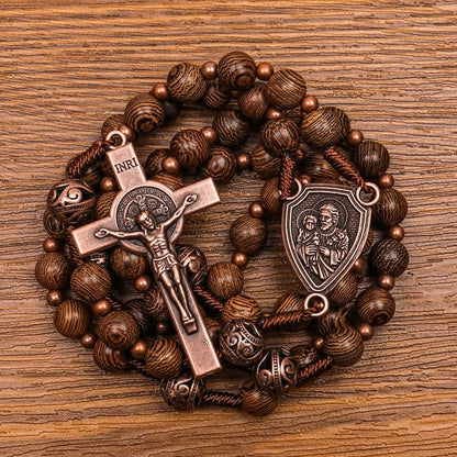 Olive Wood Rosary Necklace Metal Glory Beads with St. Joseph Medal & Cross Crucifix - Nazareth Store 