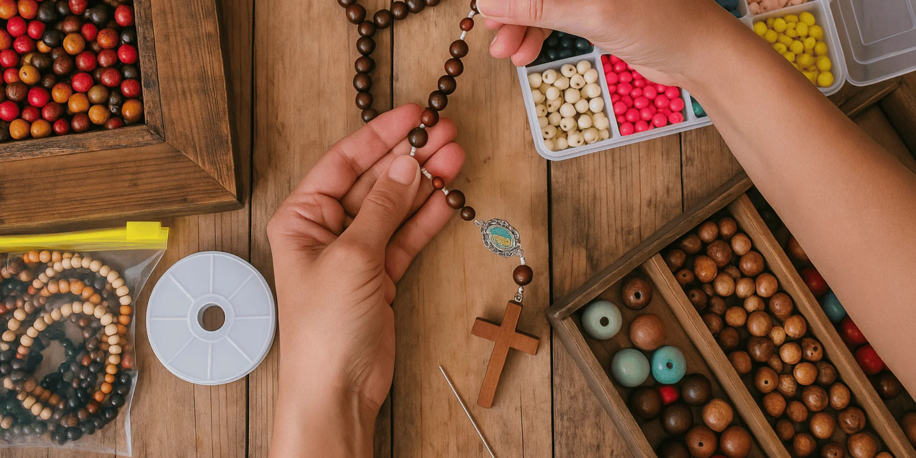 Person assembling a wooden rosary with beads on a wooden table.