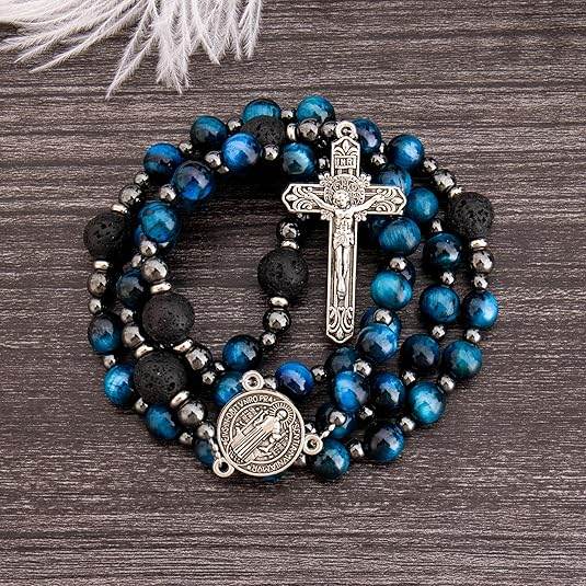 Men's Blue Tiger Eye Rosary with Lava Beads St. Benedict Medal & Cross - Nazareth Store