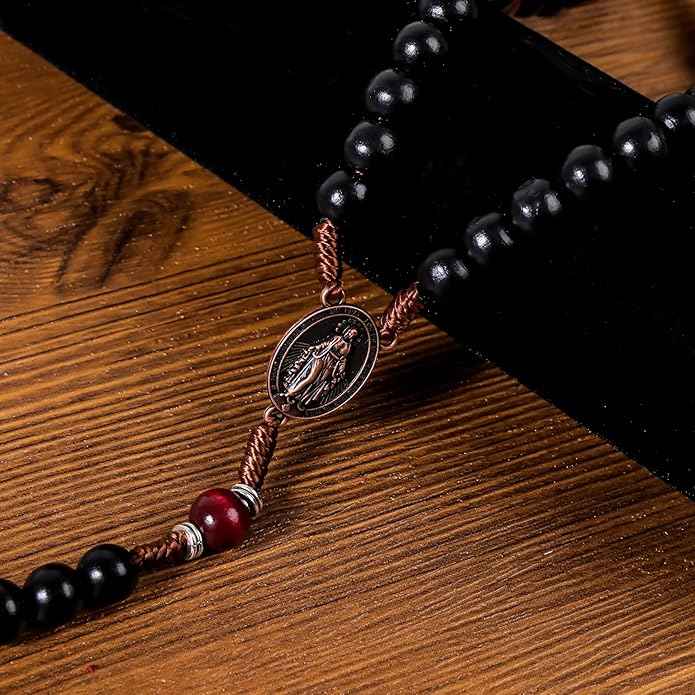 Handmade Black & Dark Red Wooden Rosary Necklace Antique Copper Miraculous Medal & Crucifix Catholic Prayer Beads for Men 