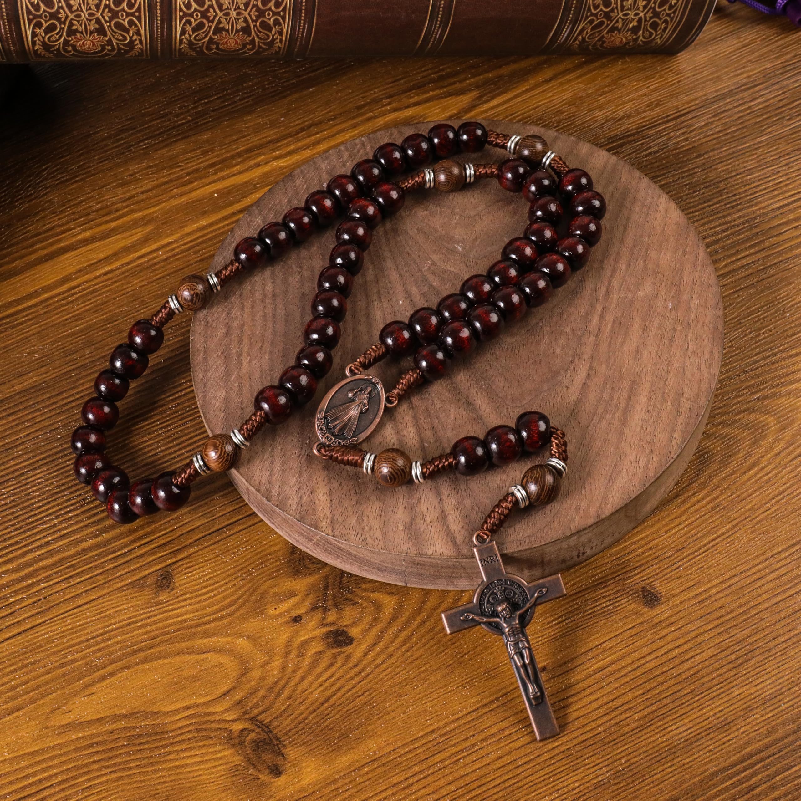10mm dark red and 10mm Olive wood mystery beads, this rosary offers a bold, strong design that’s perfect for men.