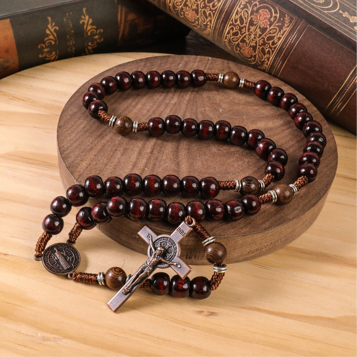 10mm dark red and 10mm Olive wood mystery beads, this rosary offers a bold, strong design that’s perfect for men.