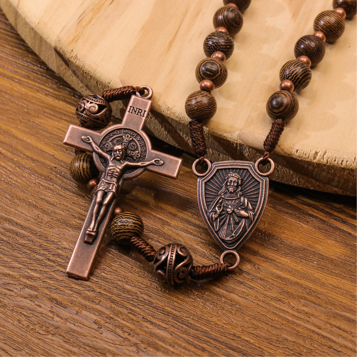 Solid Wooden Beaded Rosary Necklace Metal Glory Beads with Our Father Medal & Crucifix
