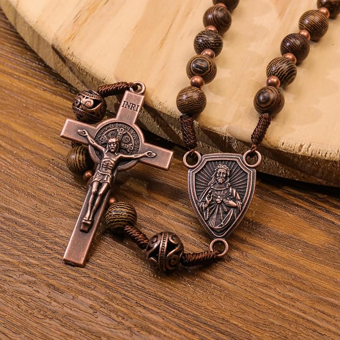 Solid Wooden Beaded Rosary Necklace Metal Glory Beads with Our Father Medal & Crucifix - Nazareth Store 
