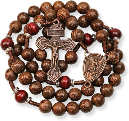 Handmade Wooden Beads Rosary Necklace with Saint Michael Medal & Crucifix Religious Gift - Nazareth Store 