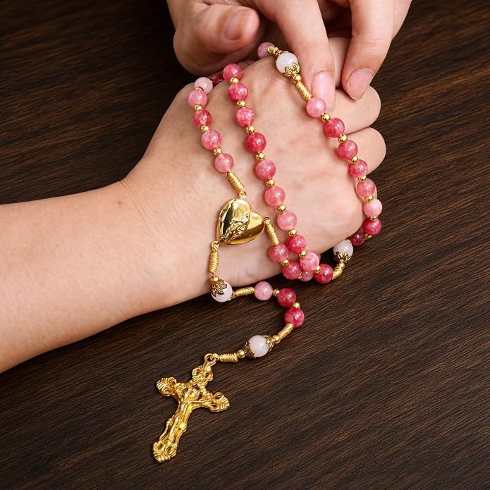 Strawberry Quartz Rosary Necklace White Jade Beads with Our Lady of Grace Heart Locket Medal & Cross - Nazareth Store