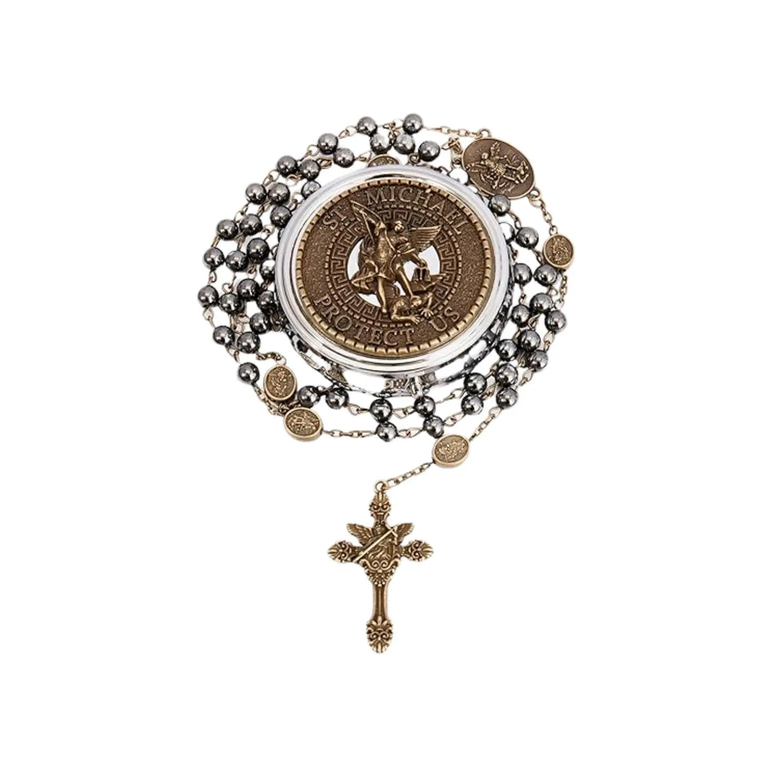 Hematite Rosary Necklace with Bronze Archangel Medal & St. Michael Cross Nazareth Store