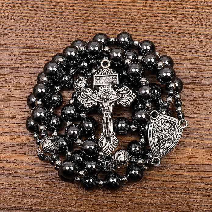 Black Stone Hematite Rosary Necklace Metal Beaded with Saint Joseph Medal & Cross-Nazareth Store 