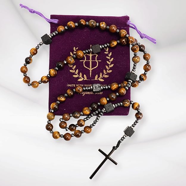 Brown Tiger Eye & Lava Stone 9mm Beads Rosary Necklace with Black Alloy Cross Nazareth Store
