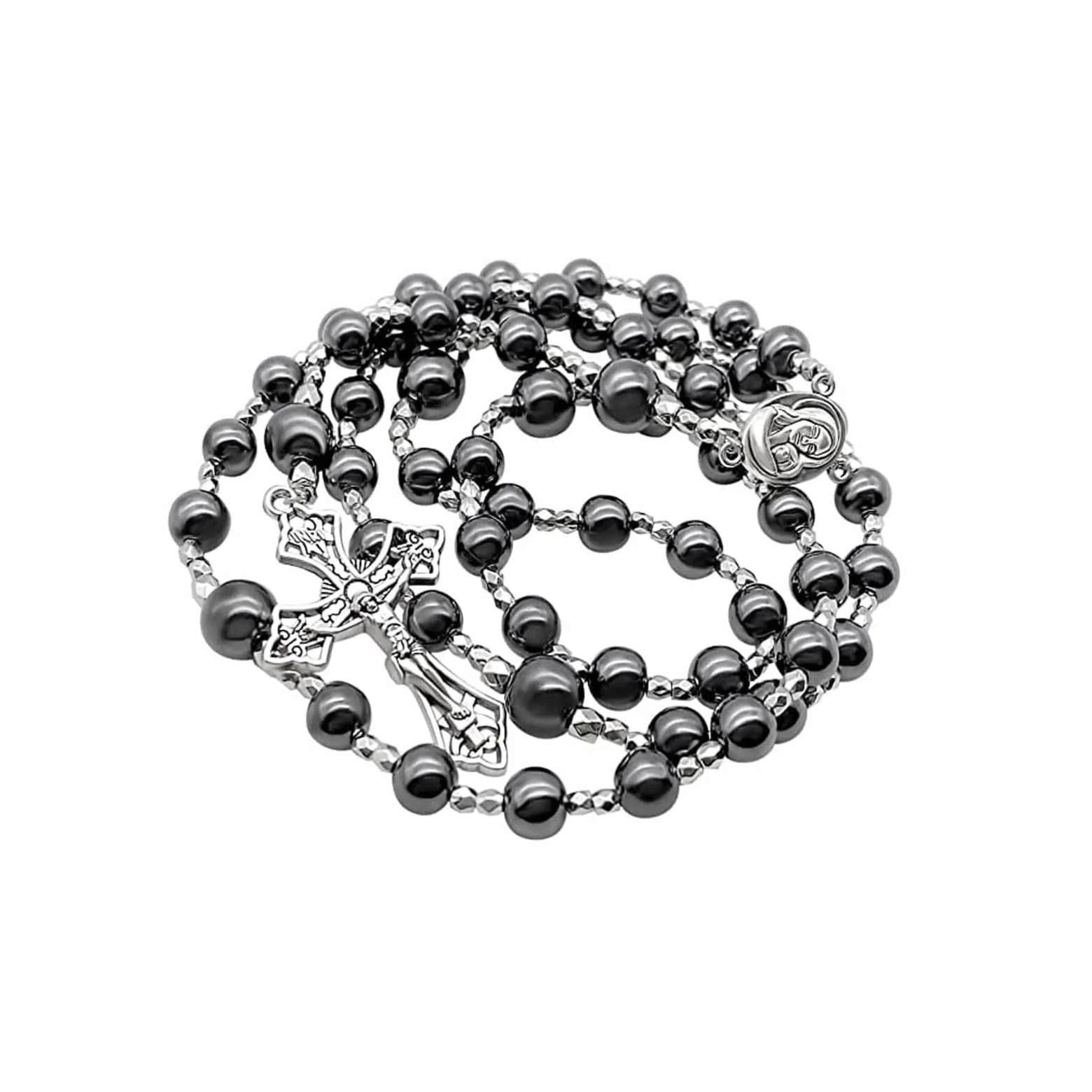 Hematite Black Stone Rosary Necklace with Holy Soil Medal & Cross Crucifix Catholic Prayer Chaplet - Nazareth Store