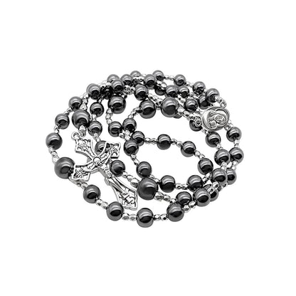 Hematite Black Stone Rosary Necklace with Holy Soil Medal & Cross Crucifix Catholic Prayer Chaplet - Nazareth Store