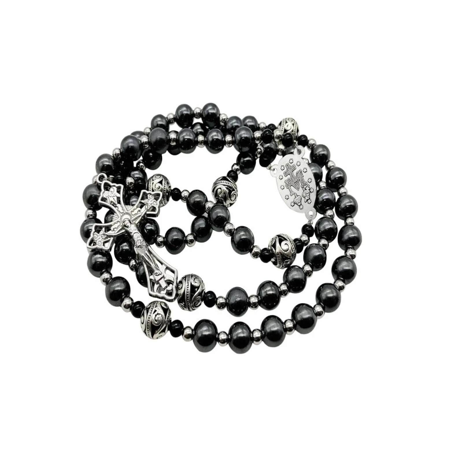 Hematite Black Stone 8mm Rosary Necklace with Miraculous Medal & Cross Crucifix - Nazareth Store