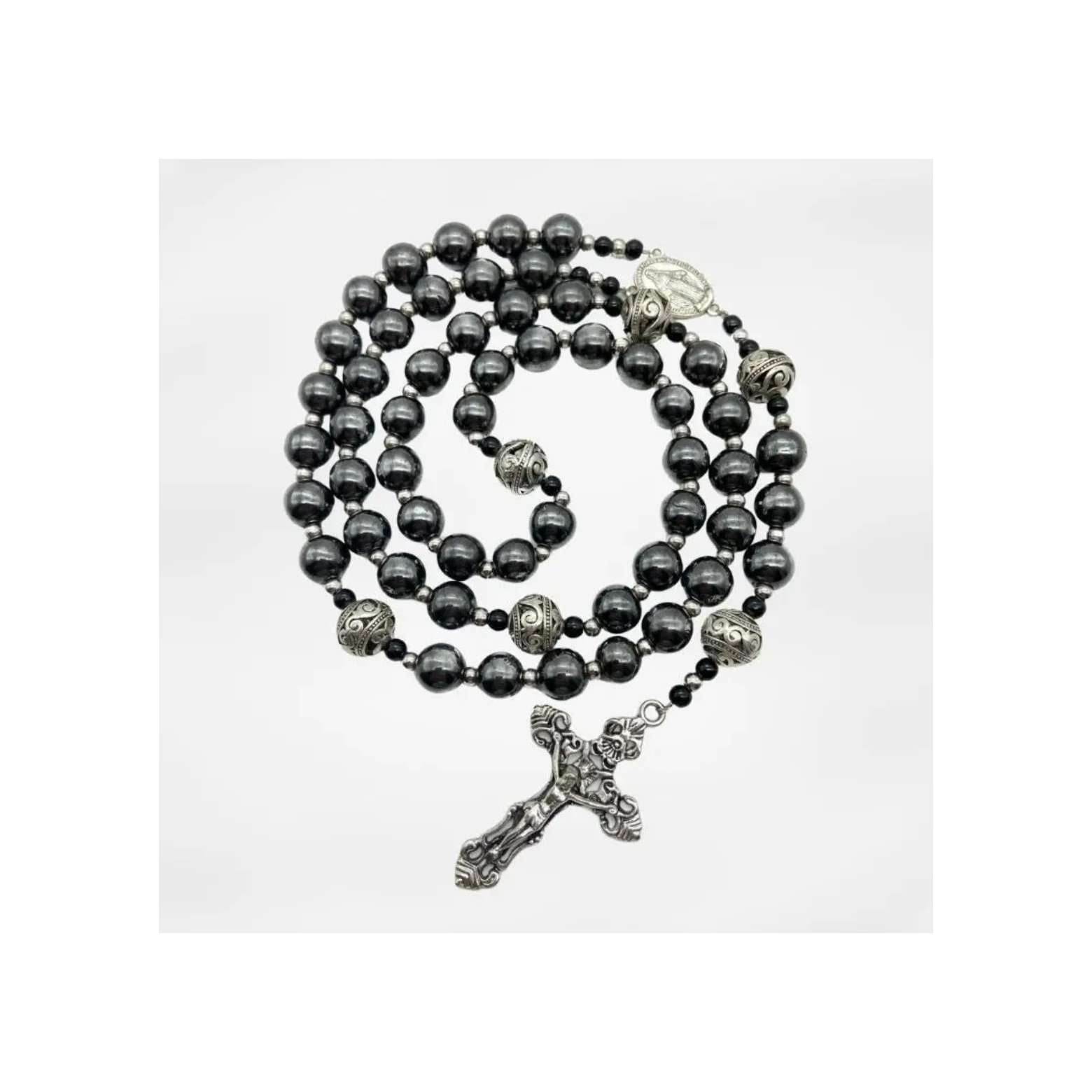 Hematite Black Stone Rosary Necklace Metal Beads with Miraculous Medal & Cross Crucifix - Nazareth Store