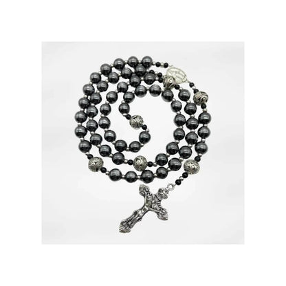 Hematite Black Stone Rosary Necklace Metal Beads with Miraculous Medal & Cross Crucifix - Nazareth Store