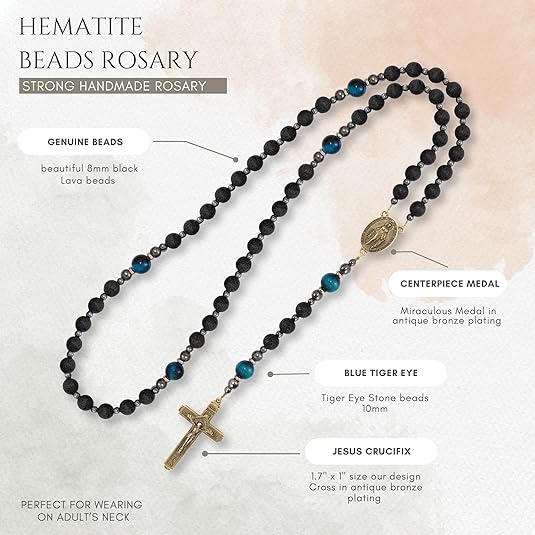 Miraculous Black Lava Stone Beads with Blue Tiger Eye Beads Rosary Necklace for Men's  Nazareth Store