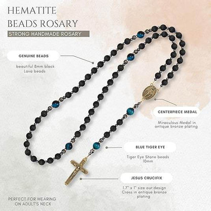 Miraculous Black Lava Stone Beads with Blue Tiger Eye Beads Rosary Necklace for Men's - Nazareth Store