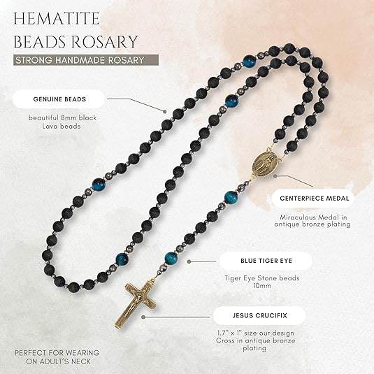 Miraculous Black Lava Stone Beads with Blue Tiger Eye Beads Rosary Necklace for Men's - Nazareth Store