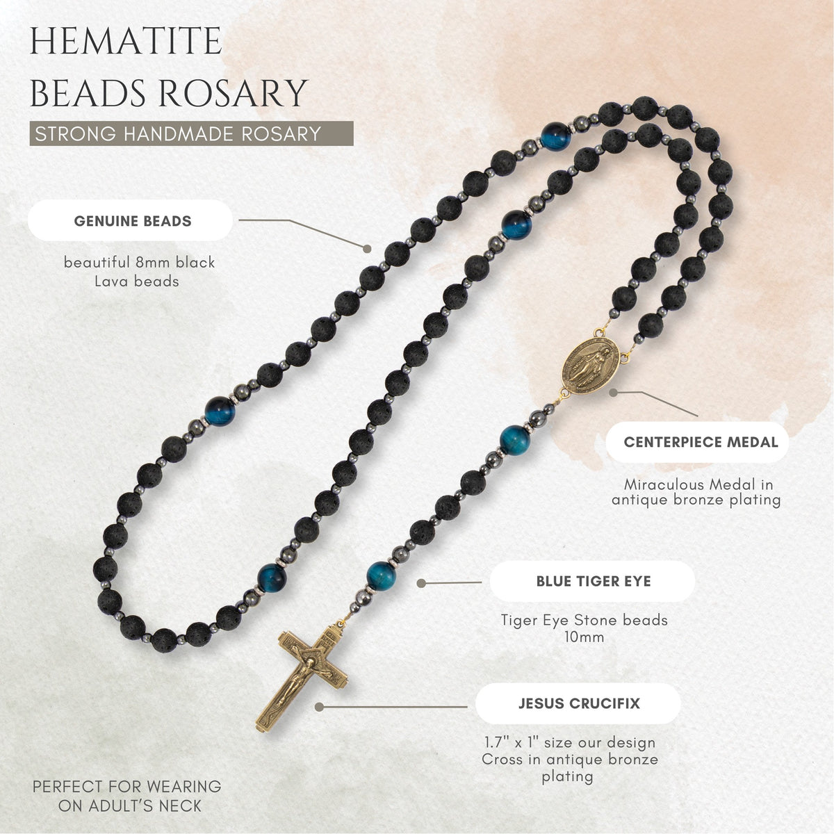 Miraculous Black Lava Stone Beads with Blue Tiger Eye Beads Rosary Necklace for Men's - Nazareth Store