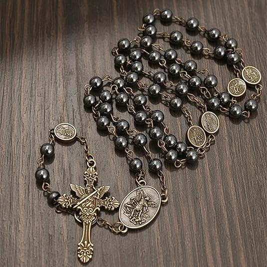 Hematite Rosary Necklace with Bronze Archangel Medal & St. Michael Cross - Nazareth Store