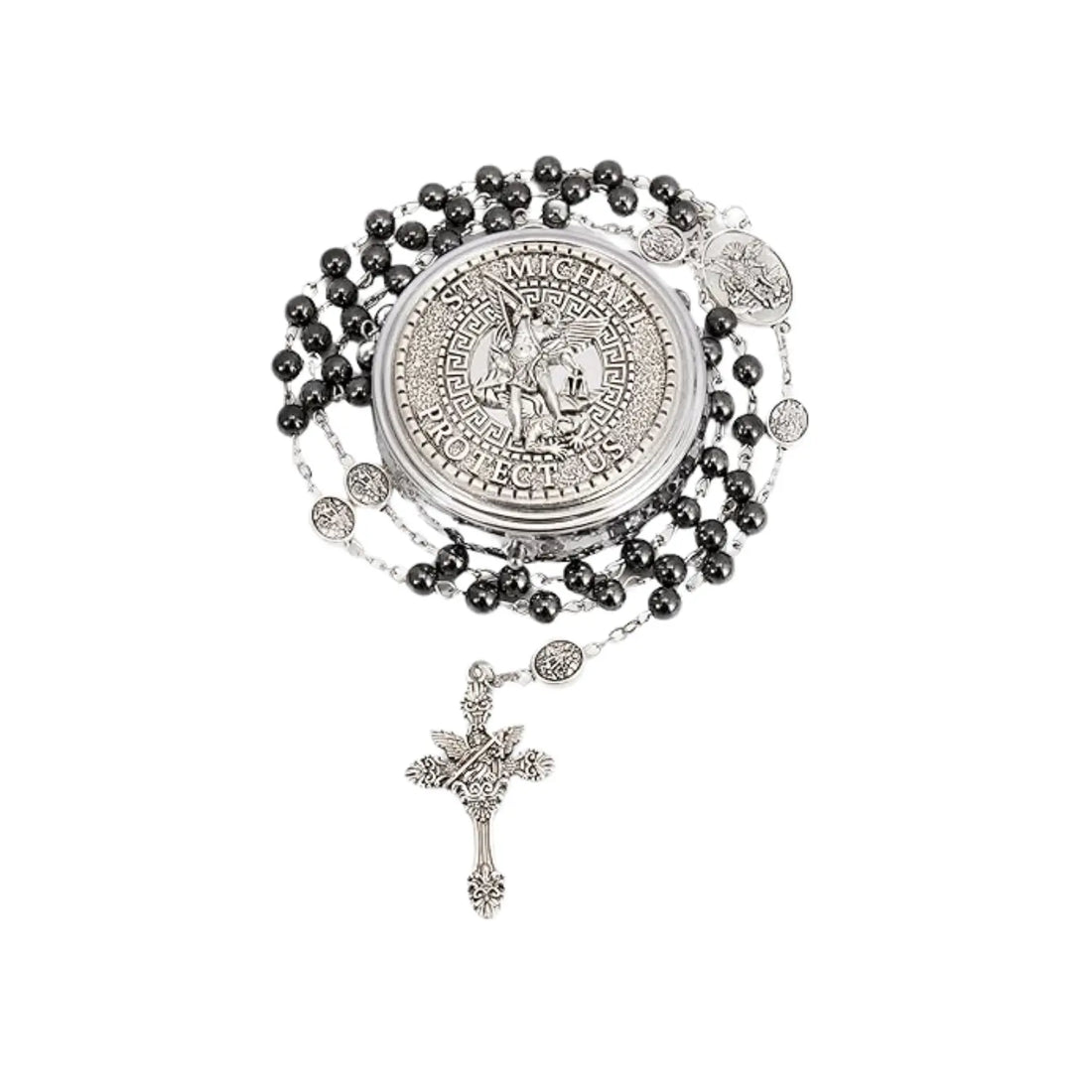 Hematite Rosary Necklace with Silver Archangel Medal & St. Michael Cross Nazareth Store