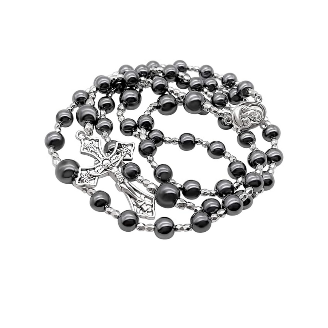 Hematite Rosary Necklace Black Stone Beads Catholic Chaplet Holy Soil Medal & Cross Nazareth Store