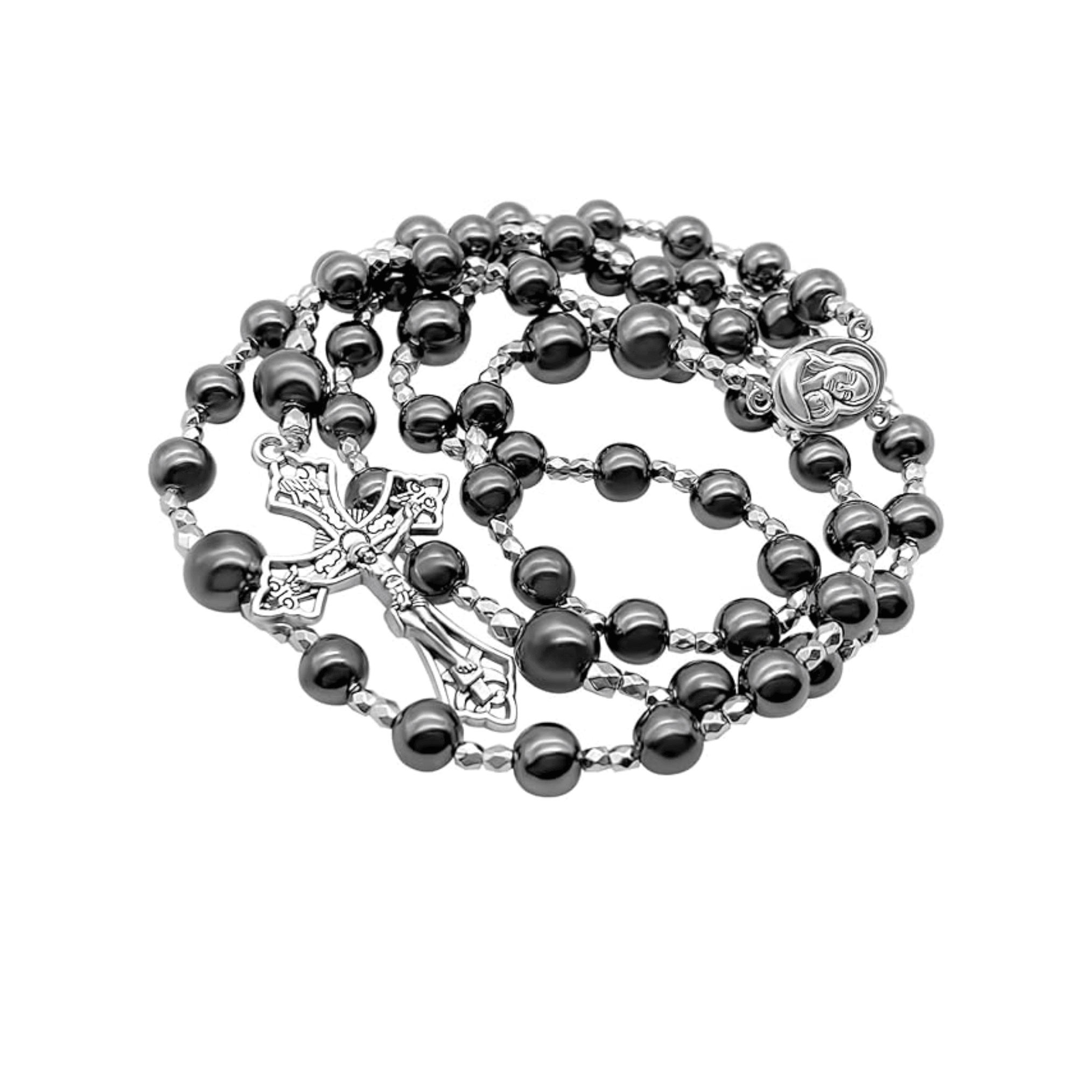 Hematite Rosary Necklace Black Stone Beads Catholic Chaplet Holy Soil Medal & Cross
