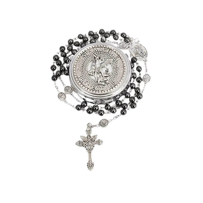 Hematite Rosary Necklace with Silver Archangel Medal & St. Michael Cross - Nazareth Store
