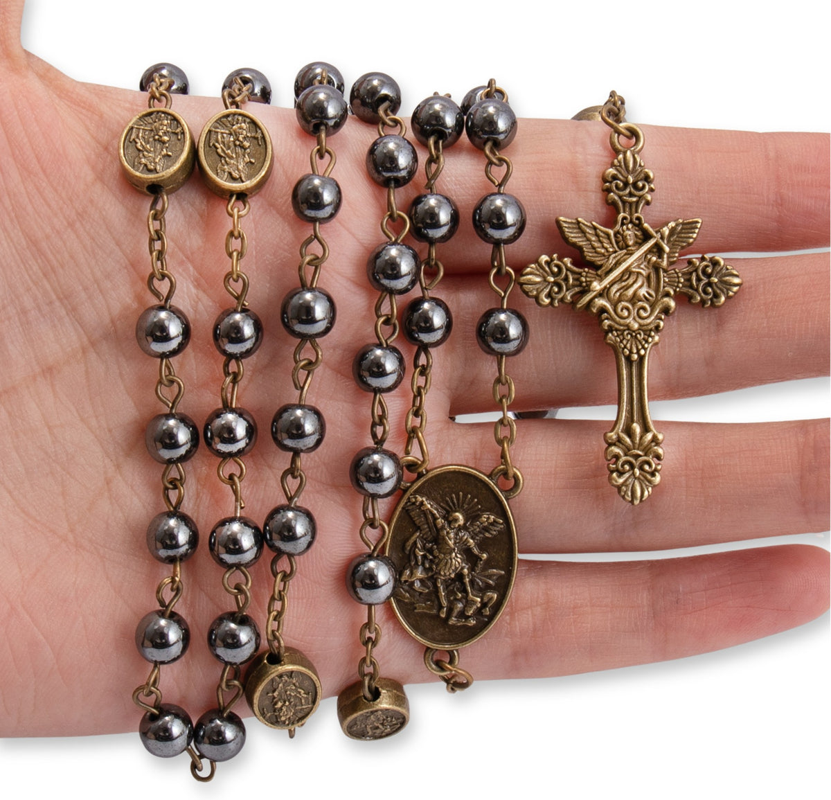 Hematite Rosary Necklace with Bronze Archangel Medal & St. Michael Cross - Nazareth Store