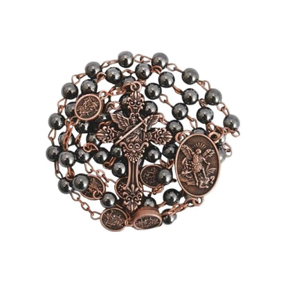 Hematite Rosary Necklace with Copper Archangel Medal & St. Michael Cross - Nazareth Store