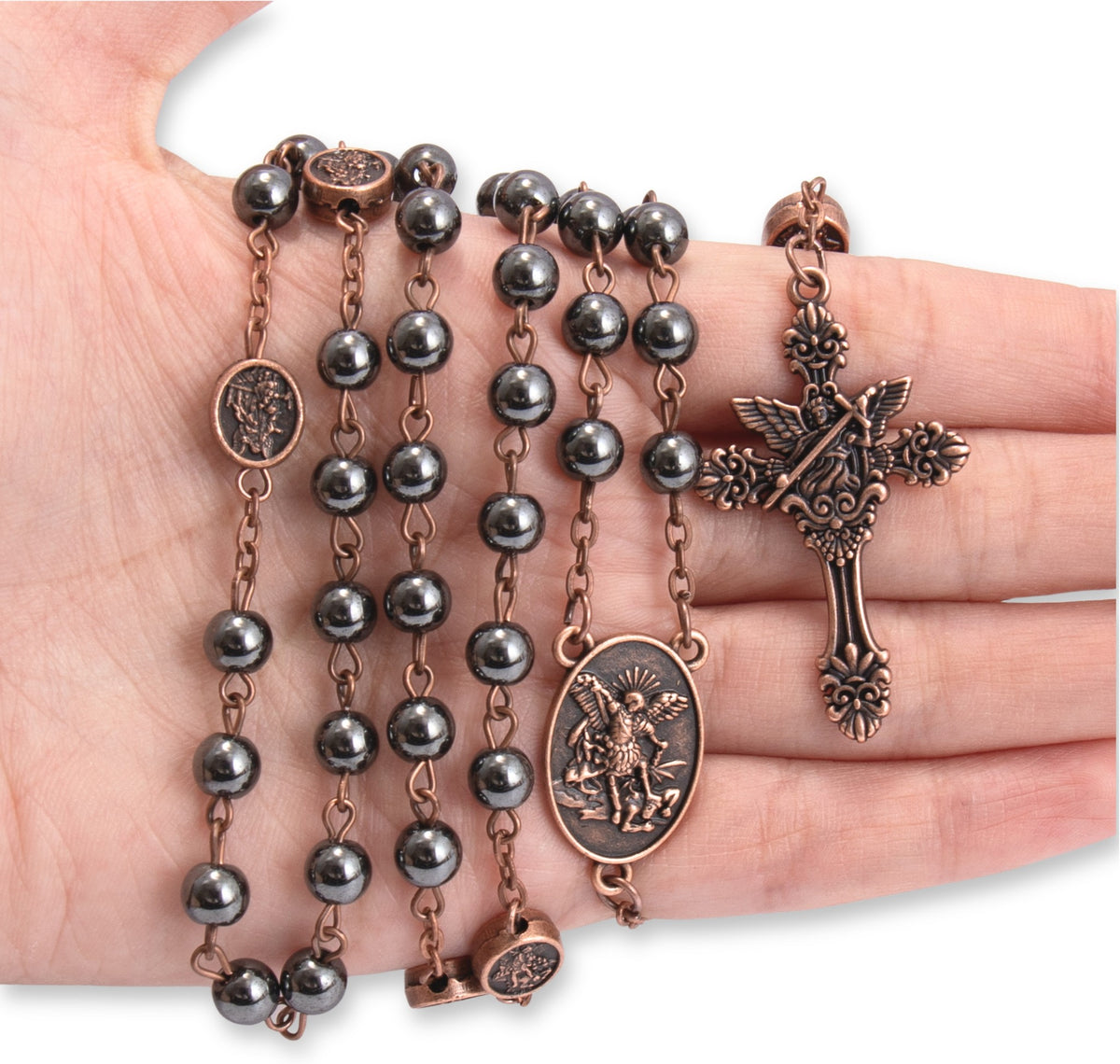 Hematite Rosary Necklace with Copper Archangel Medal & St. Michael Cross - Nazareth Store