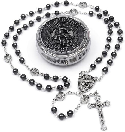 Hematite Rosary Necklace Silver-Plated St. Michael Archangel Medal & Crucifix with Metal Box - Nazareth Store