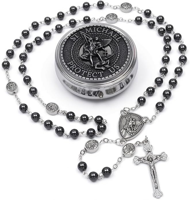 Hematite Rosary Necklace Silver-Plated St. Michael Archangel Medal & Crucifix with Metal Box - Nazareth Store