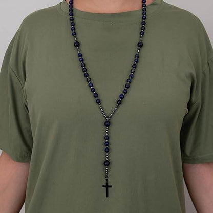 Lapis Lazuli Beaded Catholic Rosary Necklace with Hematite Spacers & Black Cross