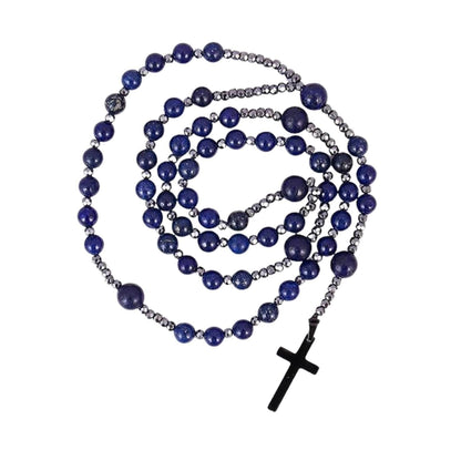 Lapis Lazuli Beaded Catholic Rosary Necklace with Hematite Spacers & Black Cross