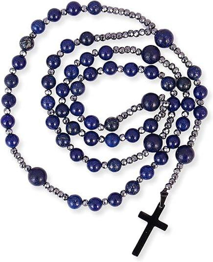 Lapis Lazuli Beaded Catholic Rosary Necklace with Hematite Spacers & Black Cross