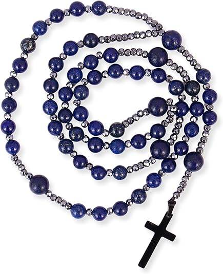 Lapis Lazuli Beaded Catholic Rosary Necklace with Hematite Spacers & Black Cross