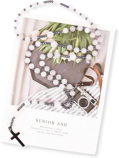 White Jade Catholic Rosary Necklace with Hematite Beads & Black Metal Cross