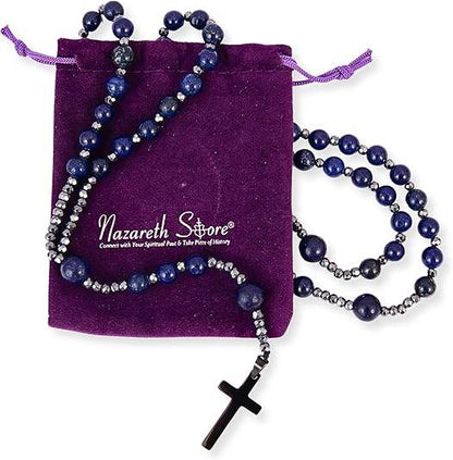 Lapis Lazuli Beaded Catholic Rosary Necklace with Hematite Spacers & Black Cross