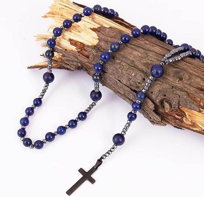 Lapis Lazuli Beaded Catholic Rosary Necklace with Hematite Spacers & Black Cross