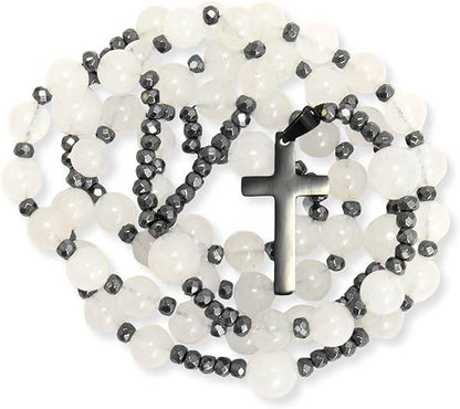 White Jade Catholic Rosary Necklace with Hematite Beads & Black Metal Cross
