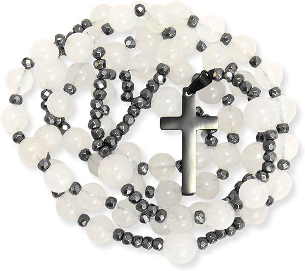 White Jade Catholic Rosary Necklace with Hematite Beads & Black Metal Cross
