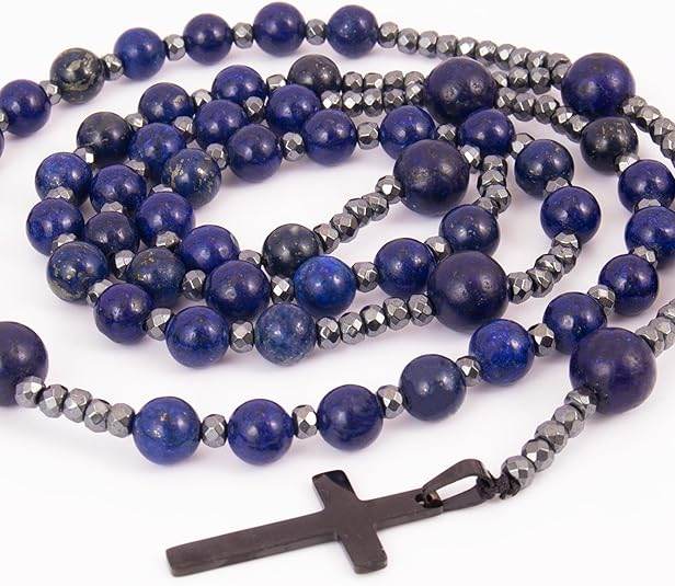 Lapis Lazuli Beaded Catholic Rosary Necklace with Hematite Spacers & Black Cross